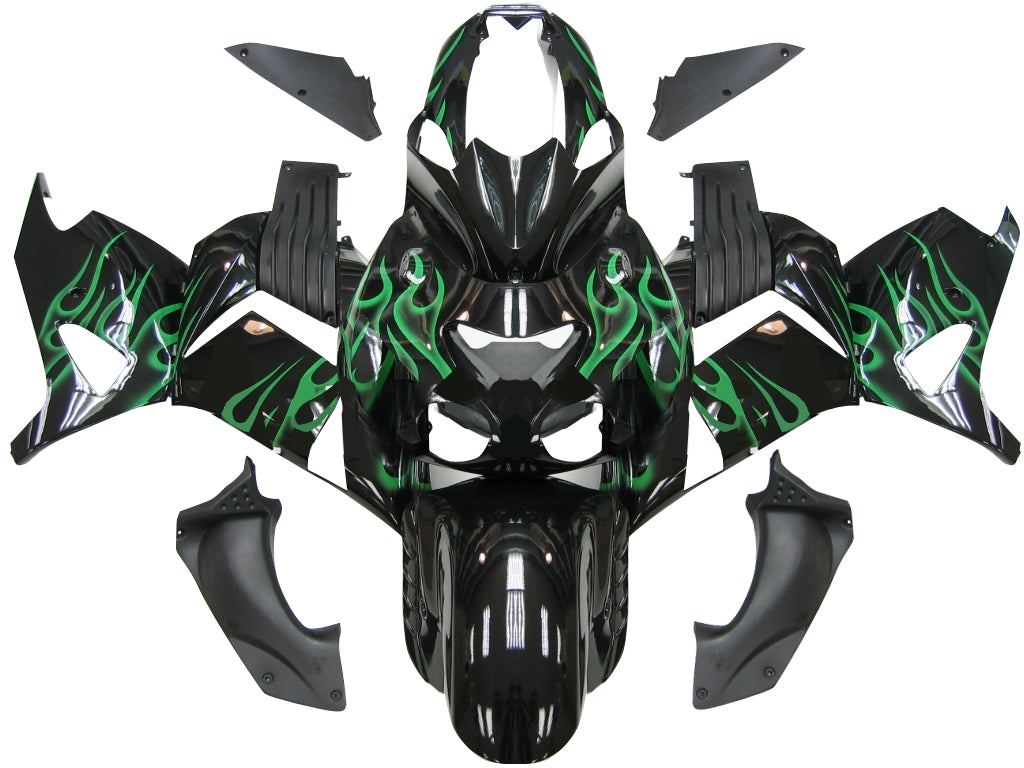 Carene 2006-2011 Kawasaki ZX14R Black &amp; Green Flame Ninja ZX14R Racing Generico