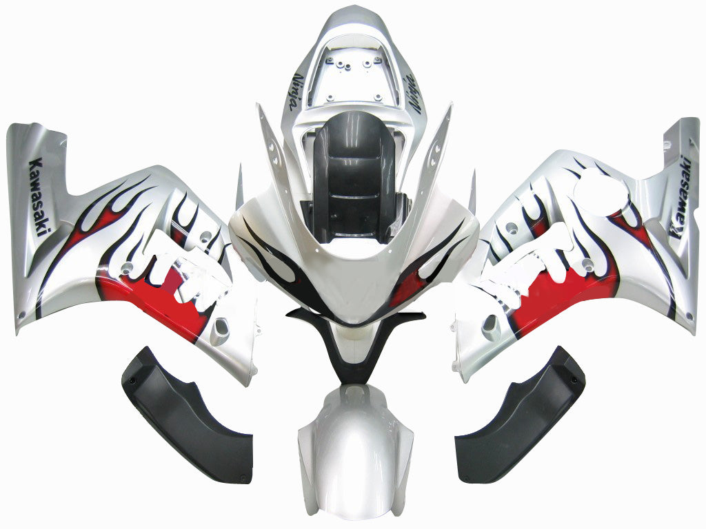 Carene 2003-2004 Kawasaki ZX6R 636 Silver &amp; Red Flame Ninja Racing Generico