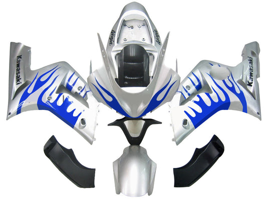 Carene 2003-2004 Kawasaki ZX6R 636 Silver &amp; Blue Flame Ninja Racing Generico