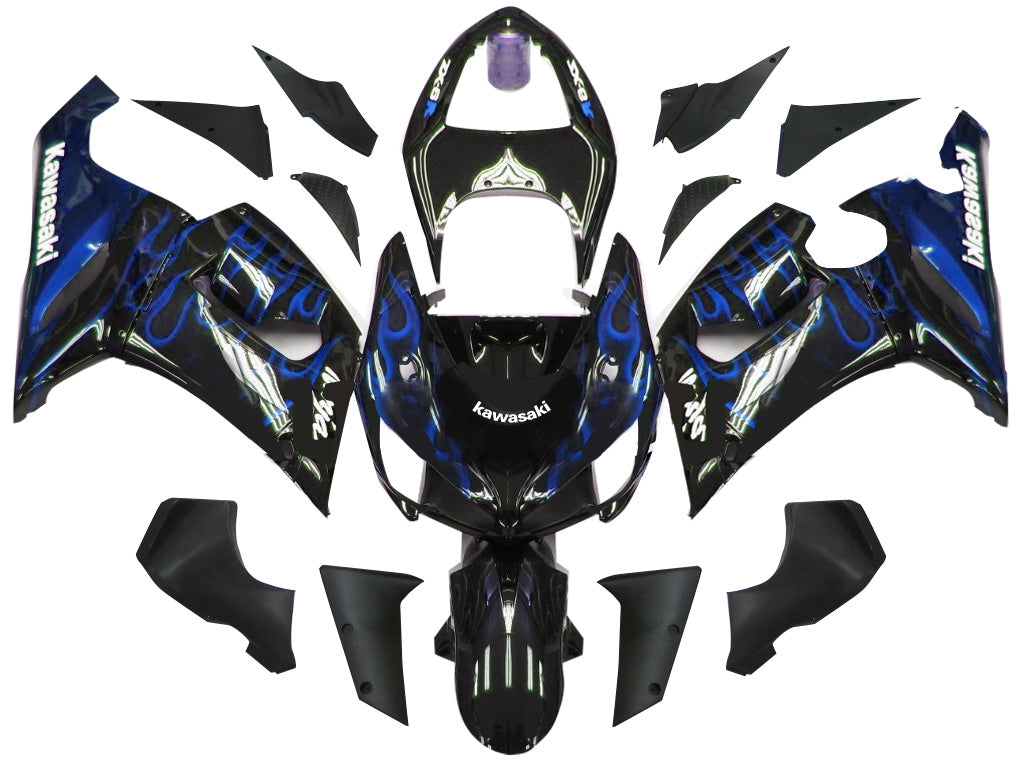 Carene 2005-2006 Kawasaki ZX6R 636 Black &amp; Blue Flame Ninja Generico