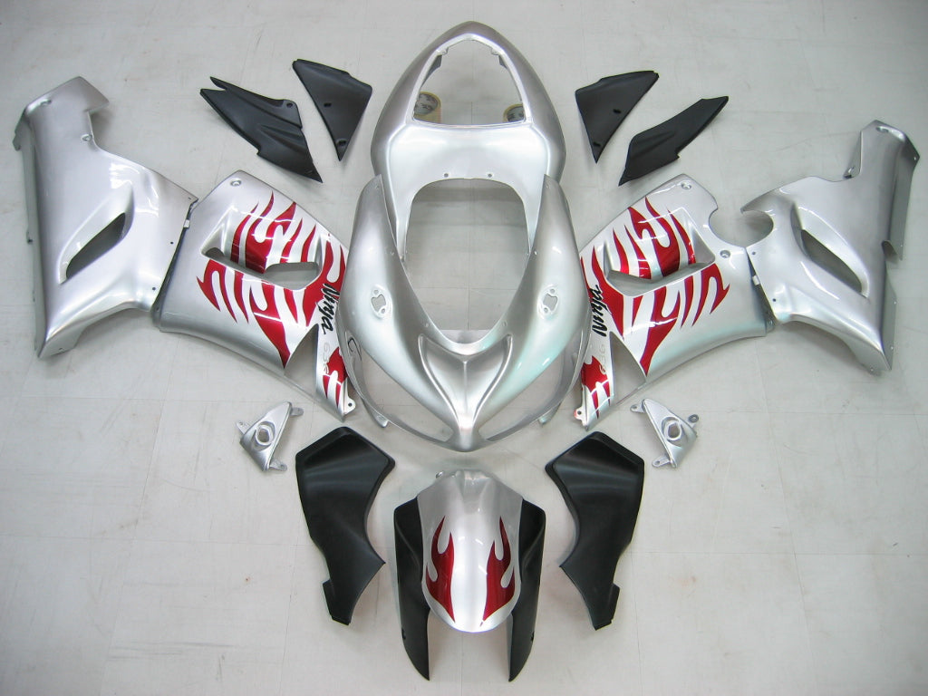 Carene 2005-2006 Kawasaki ZX6R 636 Silver &amp; Red Flame Ninja Racing Generico