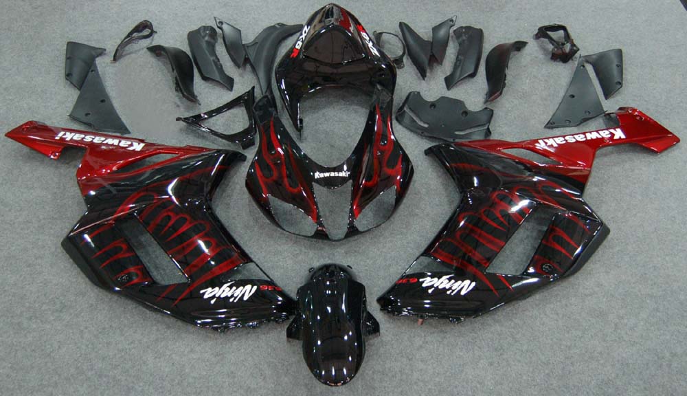 Carene 2007-2008 Kawasaki ZX6R ZX636 Black &amp; Red Flame Ninja Racing Generico
