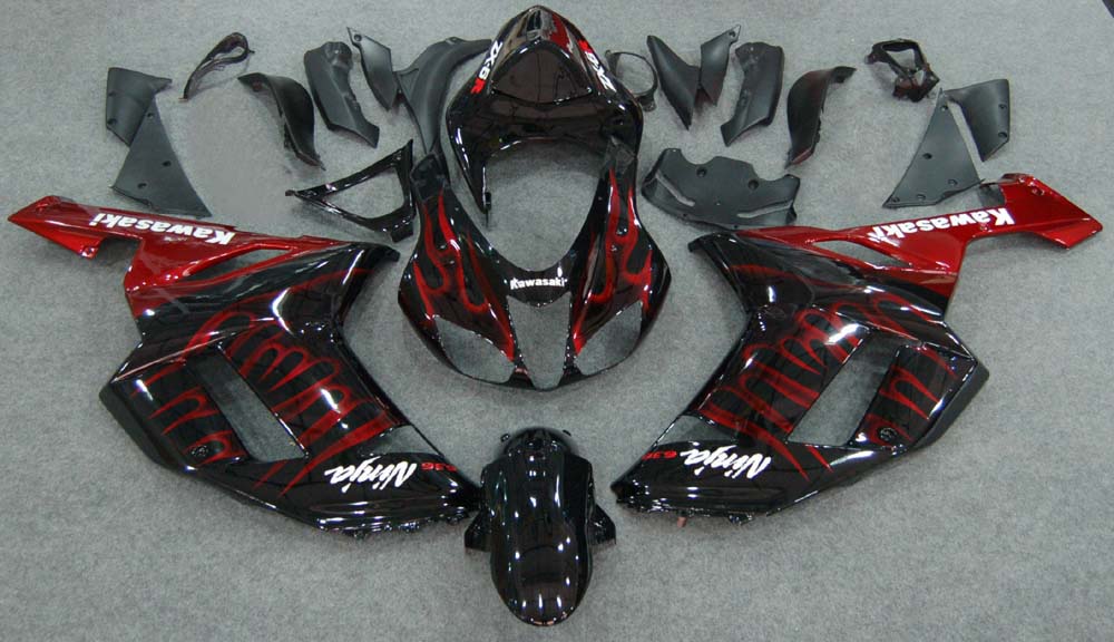 Carene 2007-2008 Kawasaki ZX6R ZX636 Black &amp; Red Flame Ninja Generico