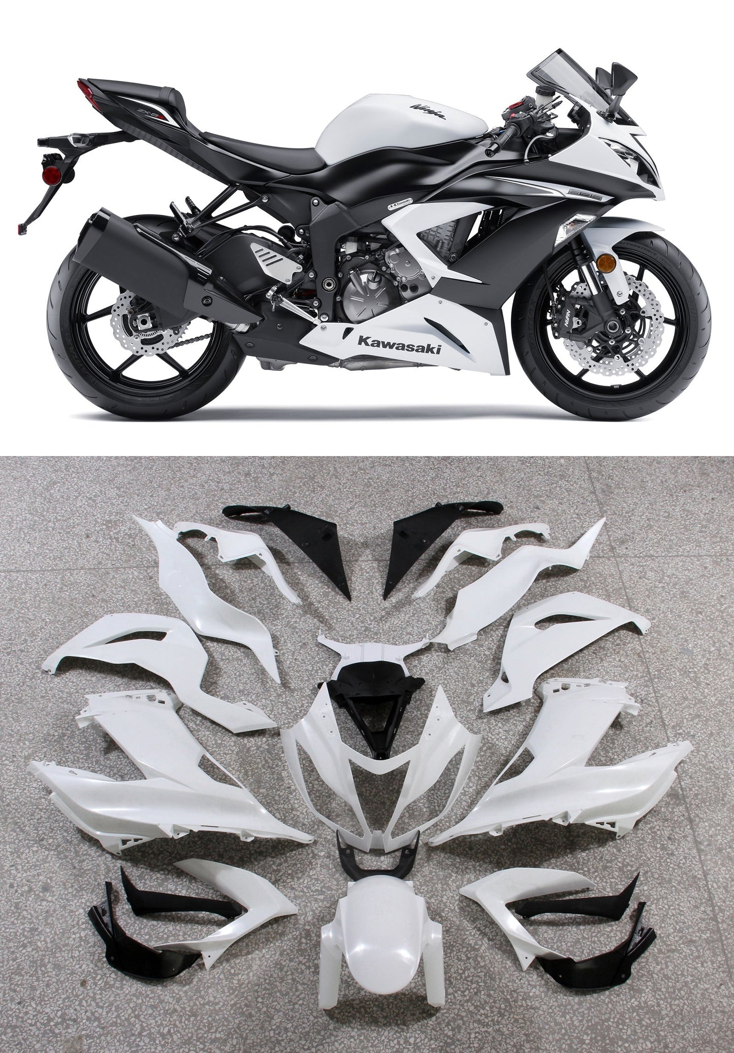 Amotopart 2013-2018 Kawasaki ZX6R Cladding White & Black Kit