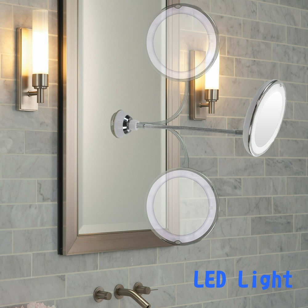 Specchio per trucco flessibile a collo d&#39;oca 10X con ventosa da bagno a luce LED 7 "