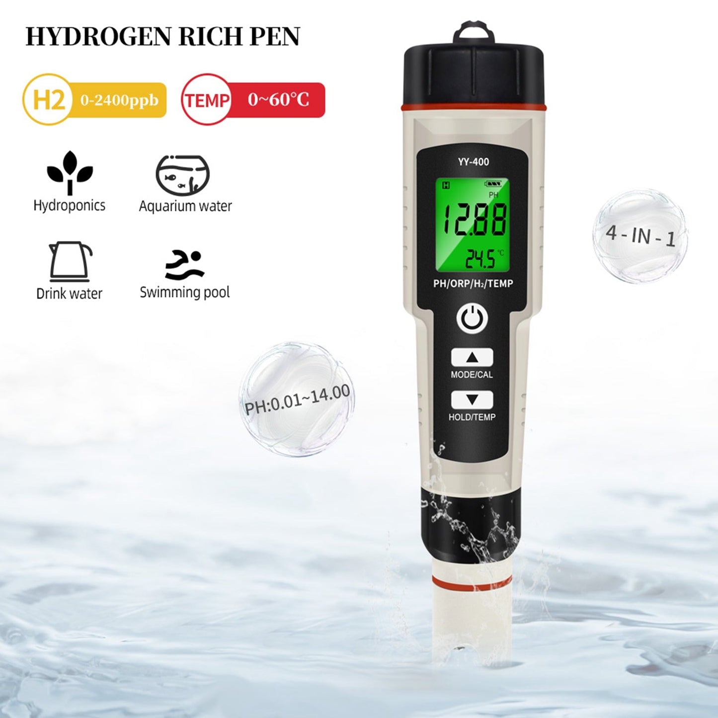 Penna per test portatile 4 in 1 ricca di idrogeno Tester per misuratore di qualità dell'acqua PH/ORP/TEMP