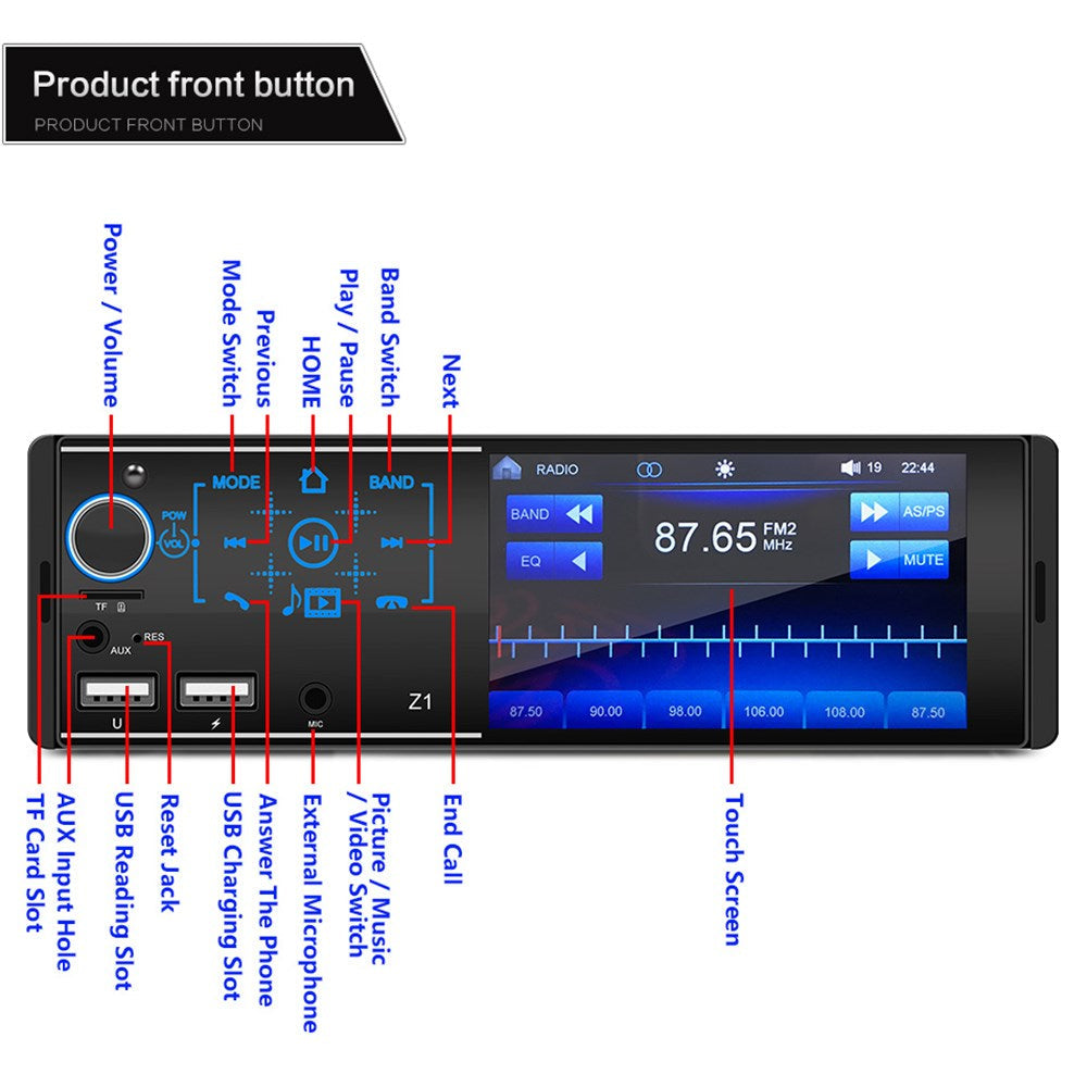 Autoradio Bluetooth con schermo tattile singolo Din 4 pollici FM + telecamera per retromarcia