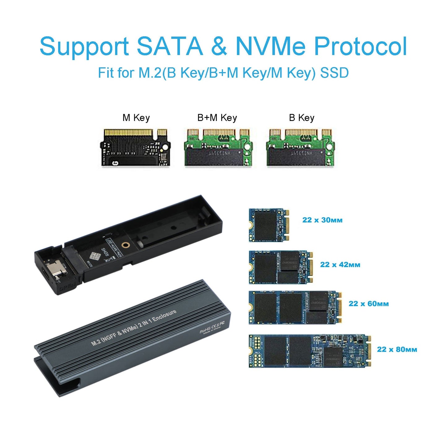 Custodia M.2 NVME SSD a USB 3.1 Custodia per disco rigido Dual Protocol M2 NVMe Box