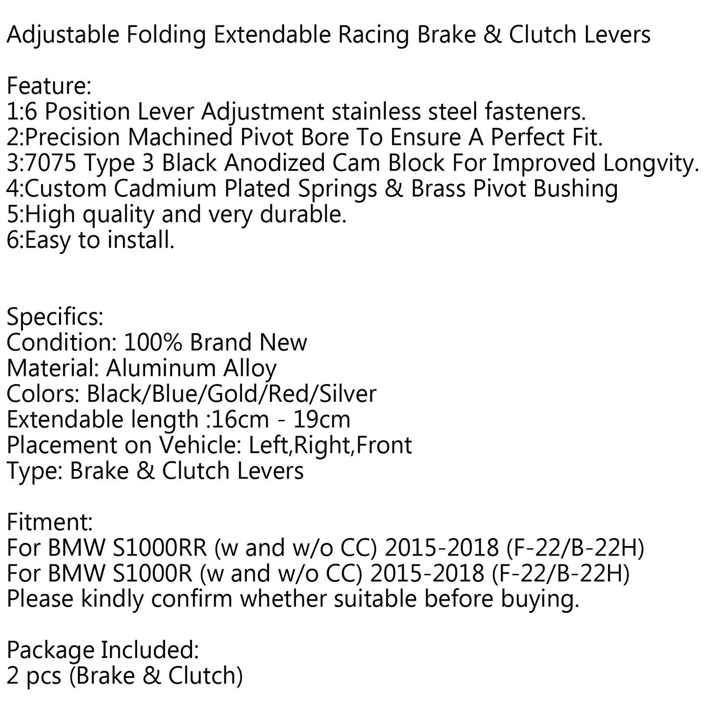 Leva freno e frizione allungabile pieghevole regolabile per BMW S1000RR S1000R 15-18 generico
