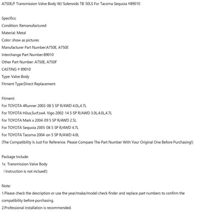 Corpo valvola di trasmissione A750E/F con solenoidi TB-50LS per Tacoma Sequoia #89010