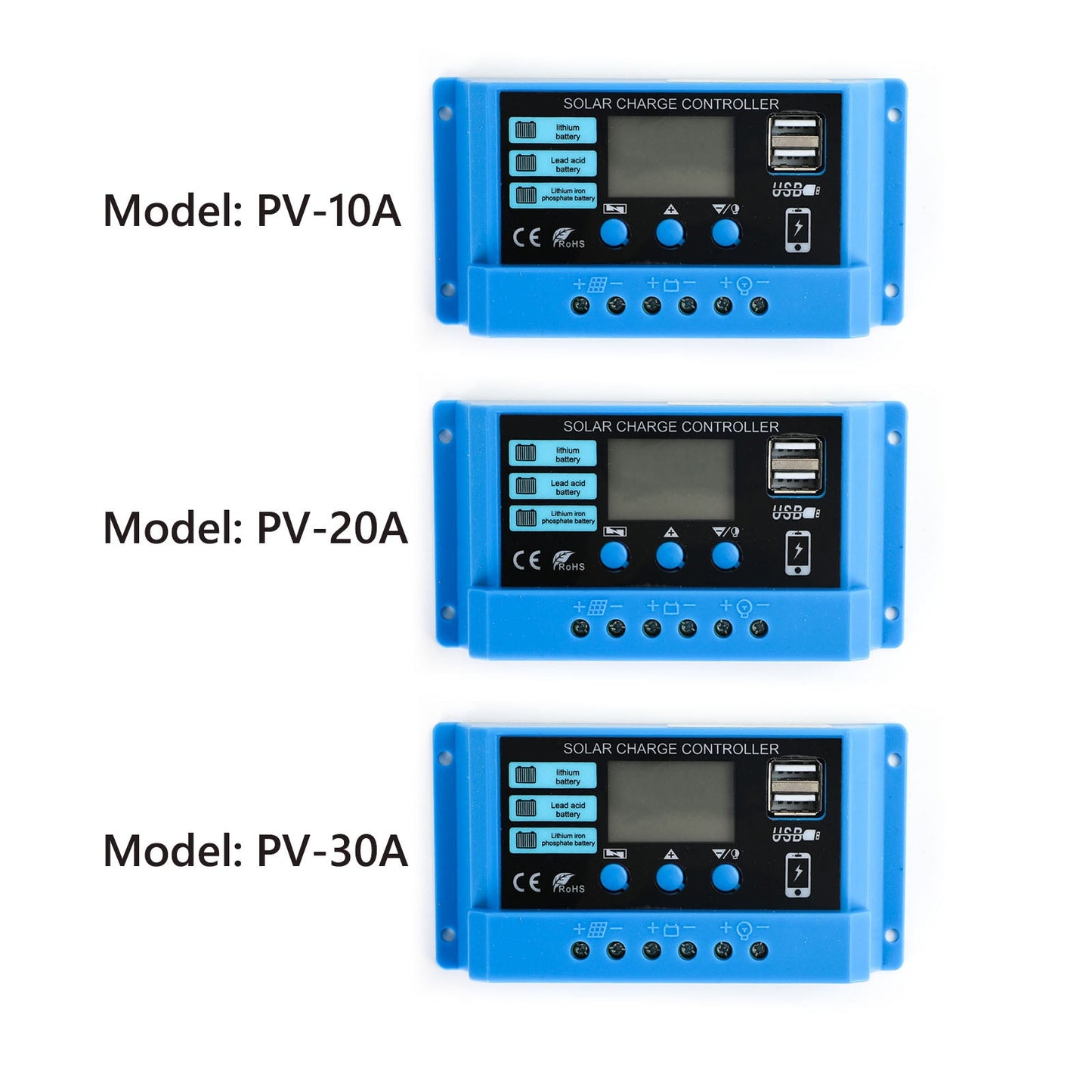 Regolatore regolatore di carica solare PWM 10A 20A 30A per pannello solare 100W 200W 300W