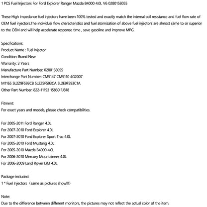 CM5110 M1165 4G2007 822-11193 5L2E9F593C1A 5L2Z9F593CA CM5147 5L2Z9F593CB FJ818 1PCS Iniettori di carburante Adatto per Ford Explorer Ranger Mazda B4000 4.0L V6 0280158055 15830 Generico