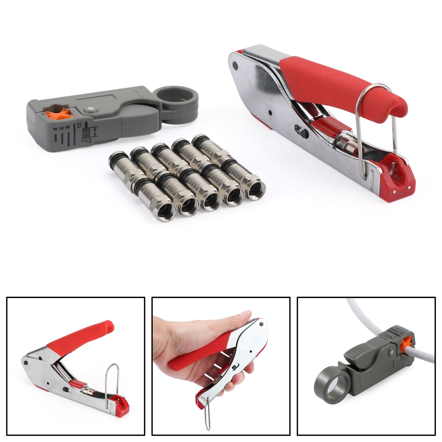 Compression Stripper Tool Crimpatrice coassiale tipo F + 10 connettori a crimpare RG6