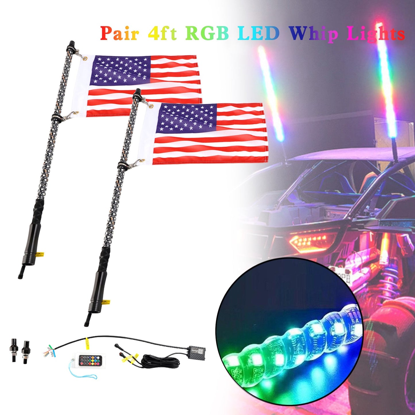 Antenna con luci a frusta APP LED RGB 2X 4 piedi con telecomando bandiera per Polaris UTV ATV