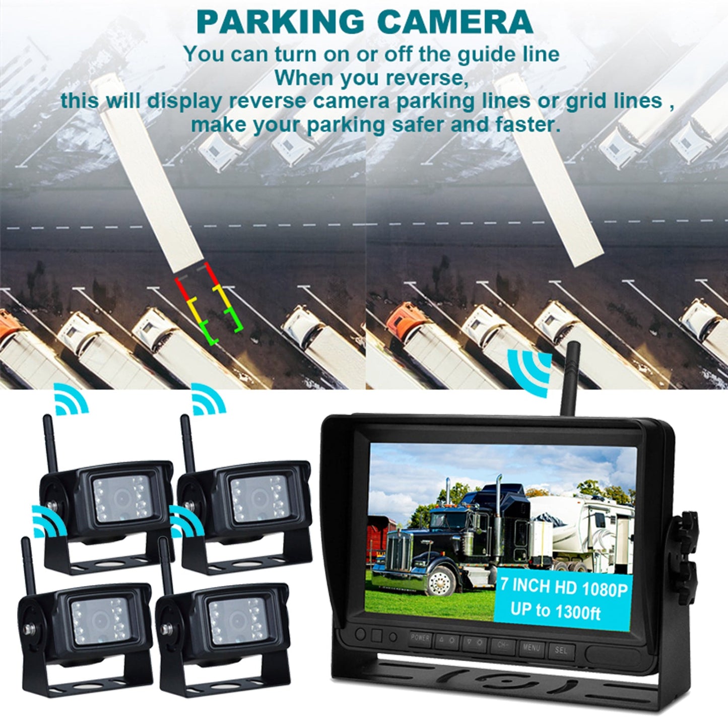 Kit telecamera di backup per retrovisione AHD 1080P wireless con display da 7 pollici per rimorchio per camion