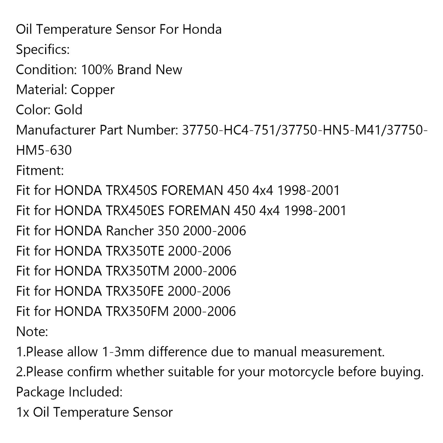 Sensore temperatura olio 37750-HC4-751 per Honda TRX450S TRX450ES Rancher 350 Generico