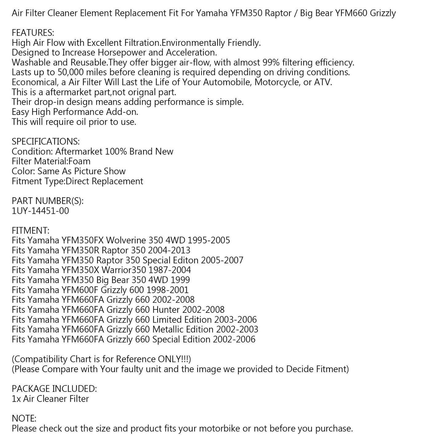 Detergente filtro aria per Yamaha Warrior 350, Wolverine 350 4x4 Raptor 350 87-08 Generico