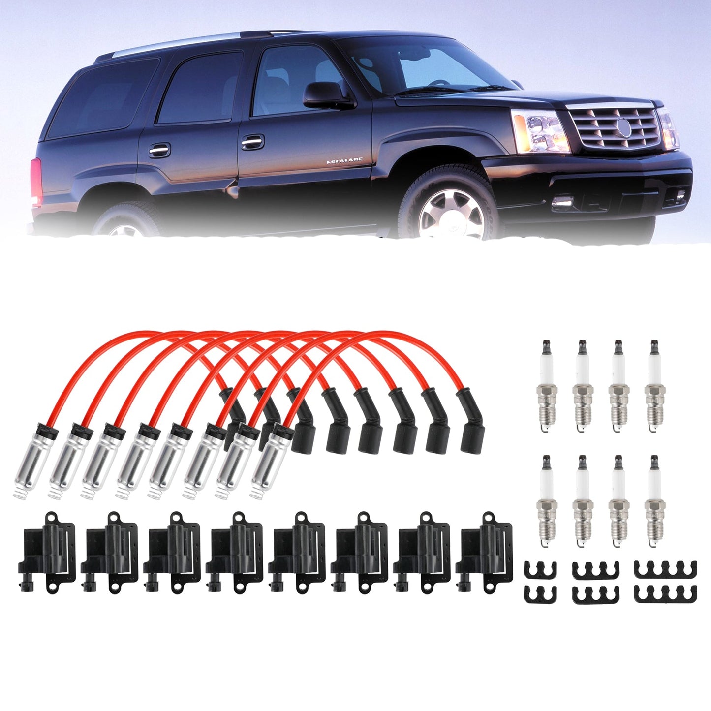 2003-2005 Chevrolet Express 2500 GMC Savana 1500 2500 3500 Confezione da 8 bobine di accensione quadrate e cavo per candele