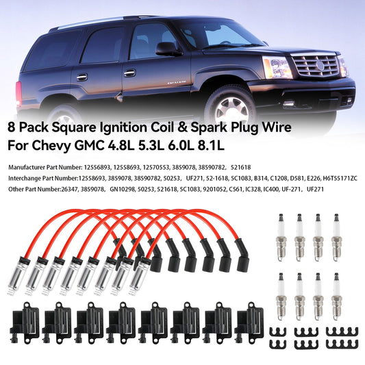 2003-2004 Chevrolet Express 3500 Sonora SSR Trailblazer GMC Envoy Confezione da 8 bobine di accensione quadrate e cavo per candele