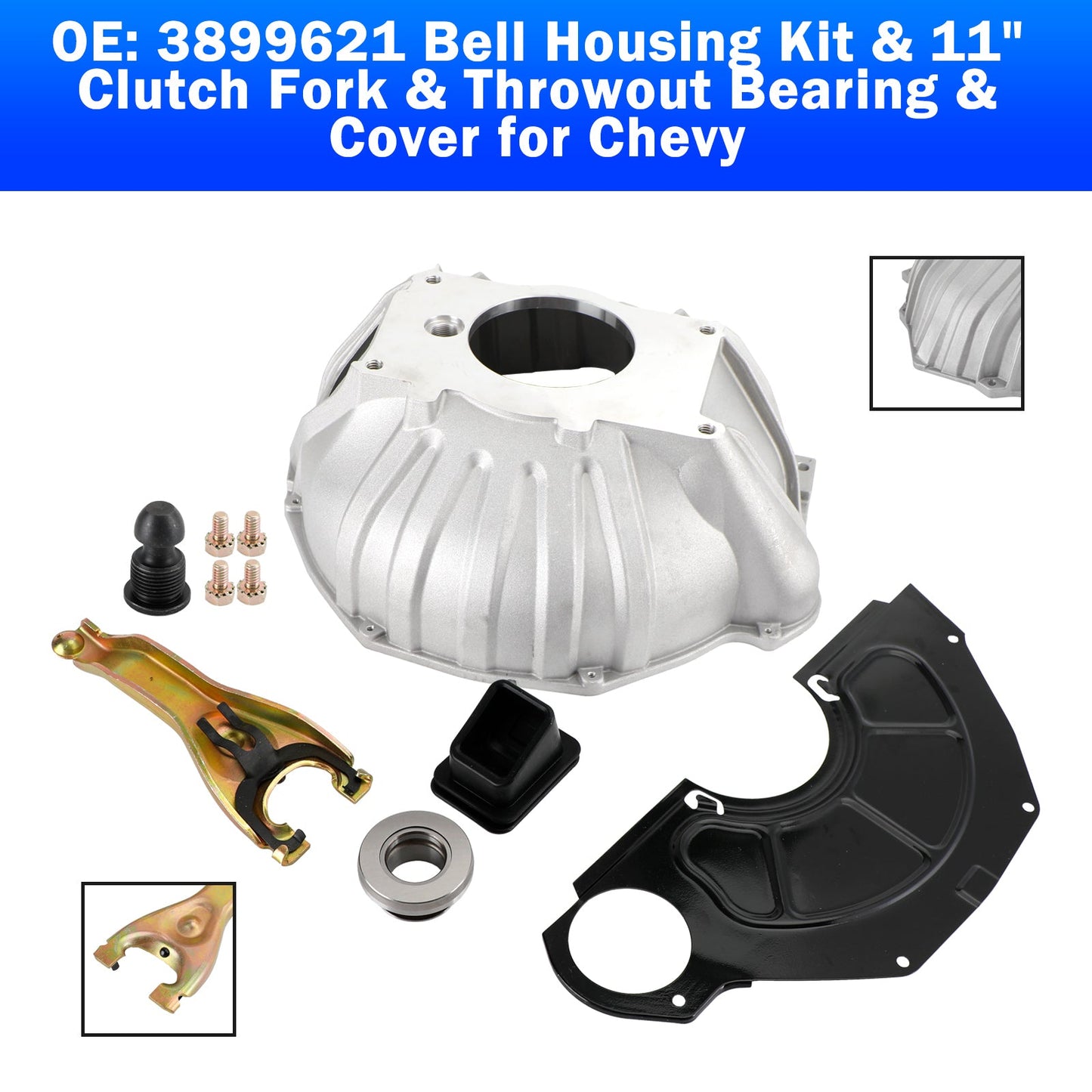 1968-1974 Chevy II, Nova* 3899621 Kit alloggiamento campana e forcella frizione da 11", cuscinetto estraibile e copertura Fedex Express