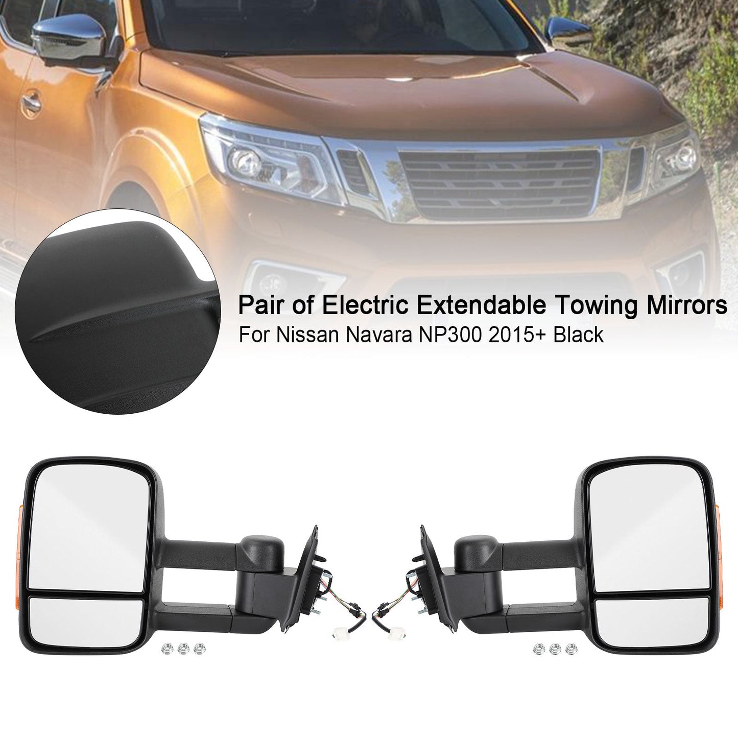Coppia di specchietti da traino estensibili elettrici per Nissan Navara NP300 2015+ Nero Generico