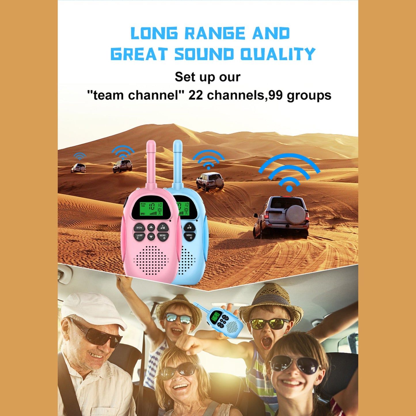 Confezione da 2 walkie talkie per bambini 22 canali radio a 2 vie portata 3 km palmare originale