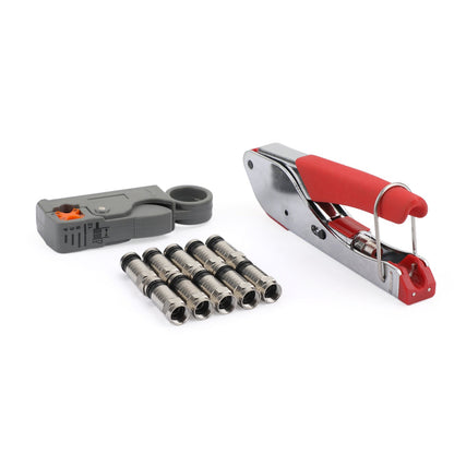 Compression Stripper Tool Crimpatrice coassiale tipo F + 10 connettori a crimpare RG6