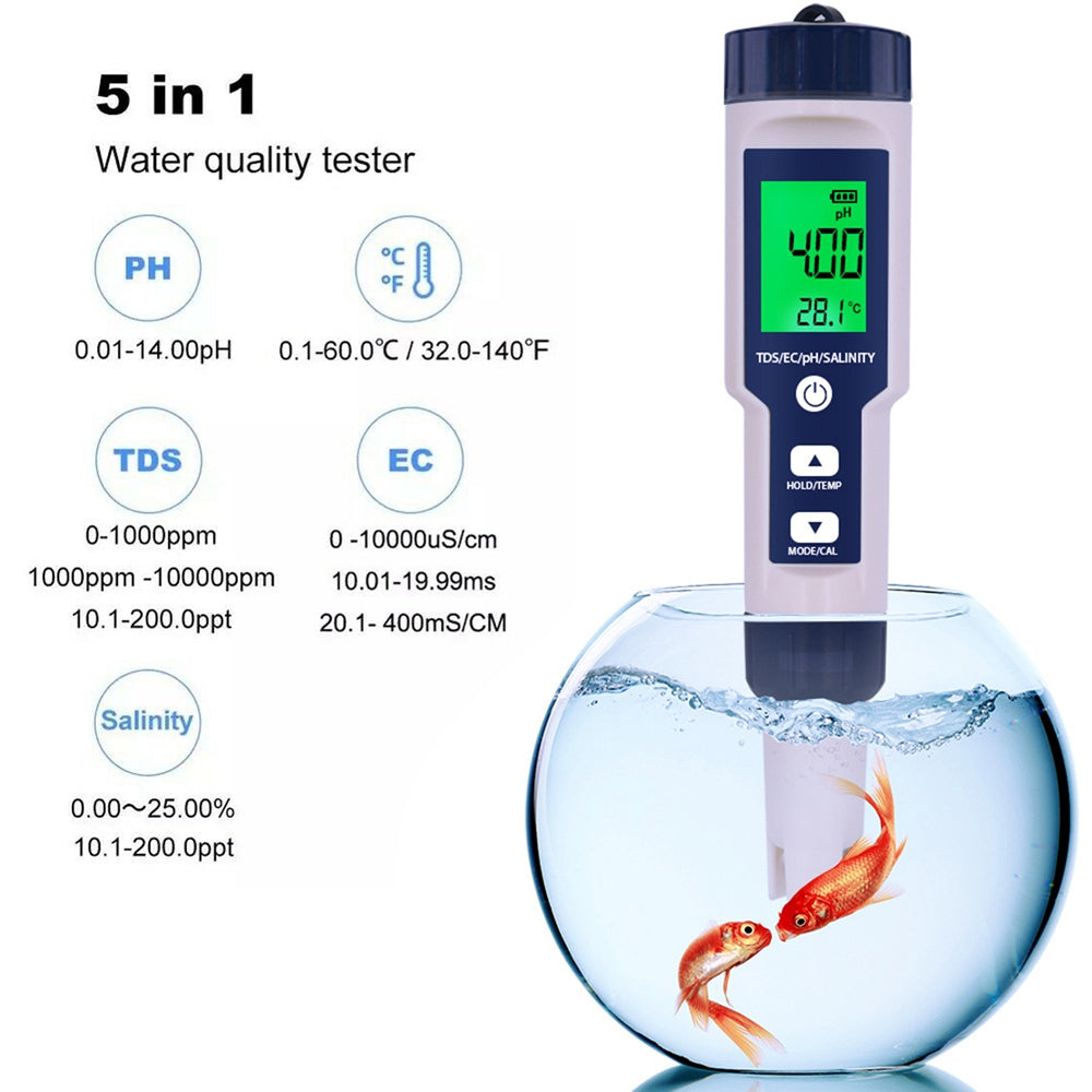 Strumento di test del misuratore di qualità dell'acqua digitale 5in1 PH/TDS/EC/Salinità/Temperatura