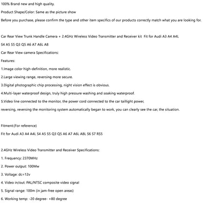 Macchina fotografica senza fili della maniglia di retrovisione dell'automobile adatta per A3 A4 A4L S4 A5 S5 Q3 Q5 A6 A7 A8