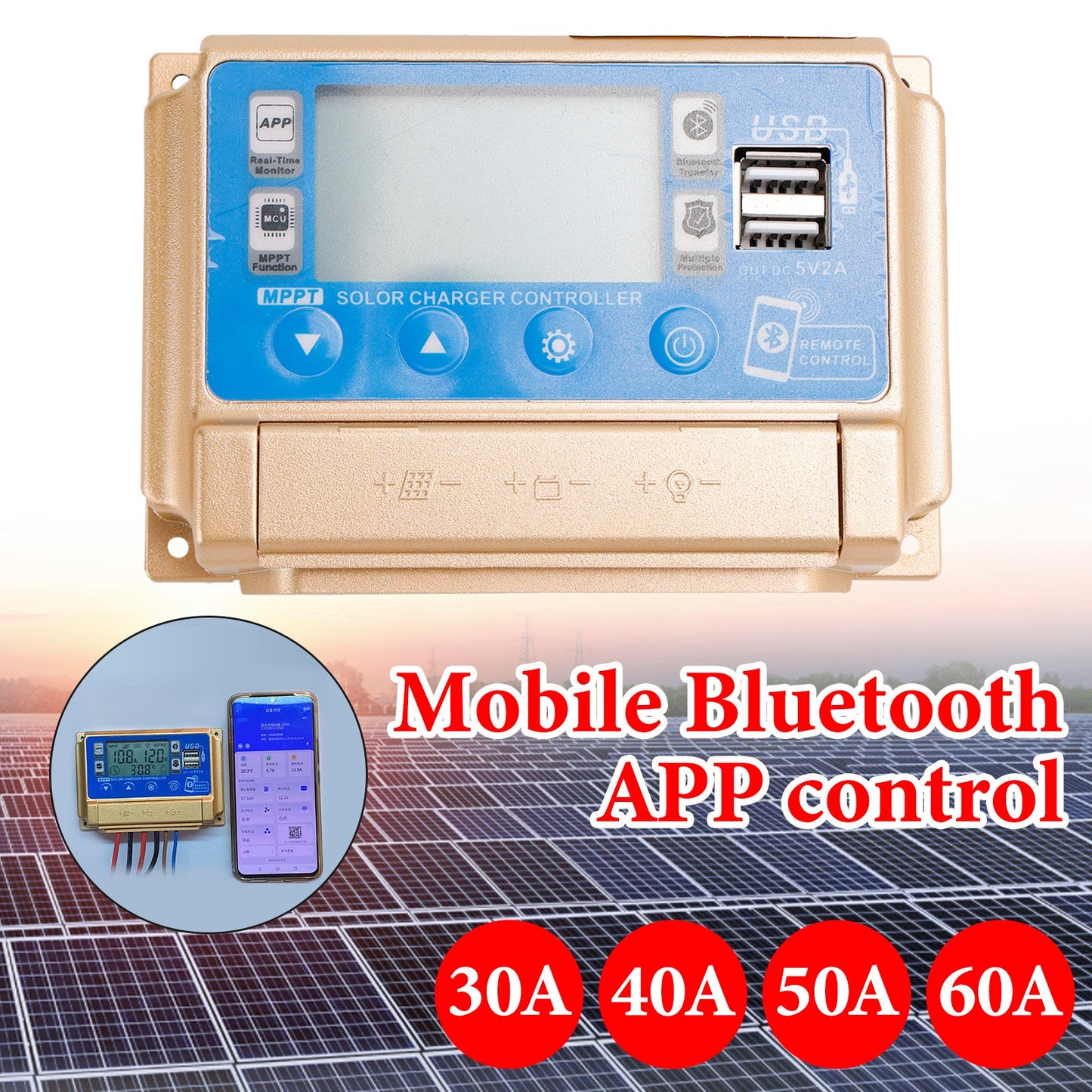 Caricabatterie con regolatore di carica solare Bluetooth MPPT 30A-60A, adatto per batterie da 12 V/24 V, colore oro