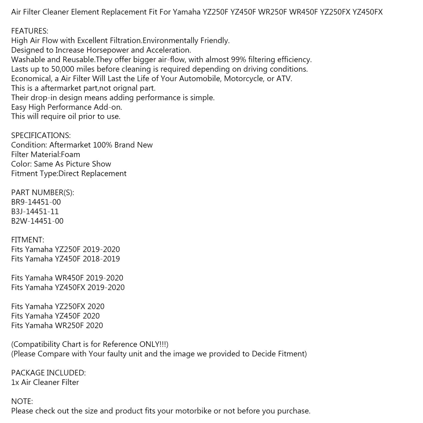 Detergente in schiuma per filtro aria per Yamaha YZ WR BR9-14451-00, B3J-14451-11, B2W-14451-00 generico