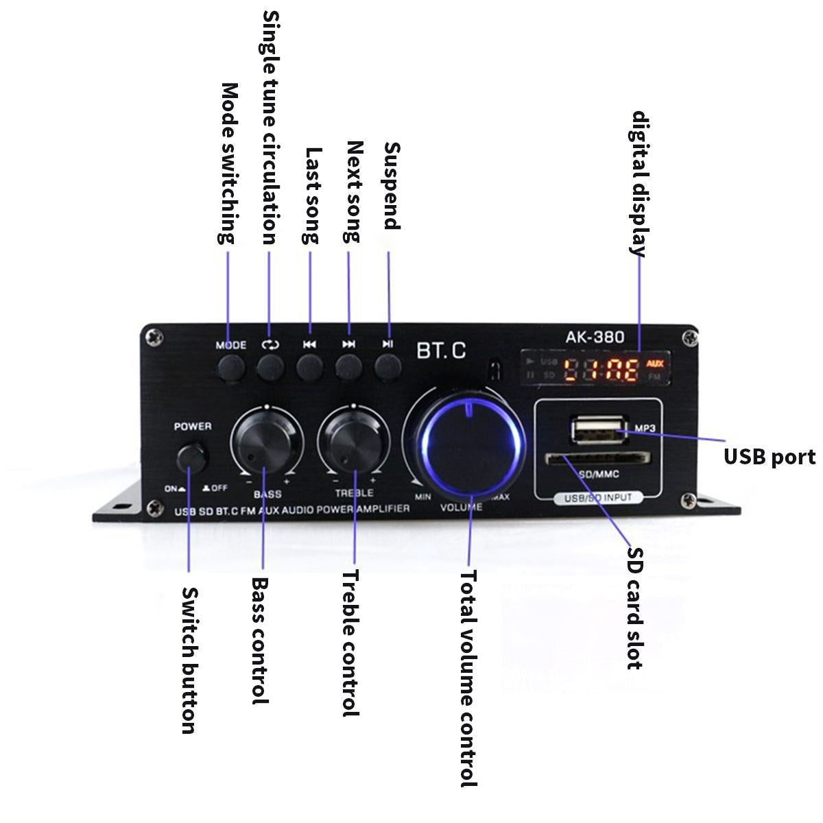 Bluetooth 2.0CH 400W Hi-Fi Auto Stereo 12V MP3 Amplificatore audio per auto Radio Booster