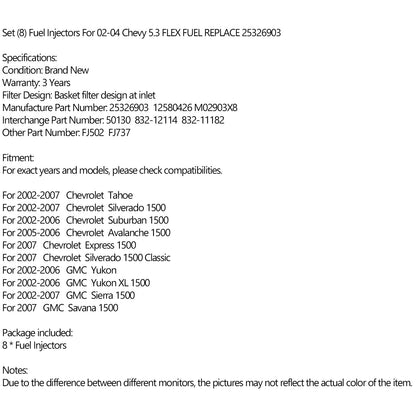 832-12114 8PCS Iniettori di carburante per 02-04 Chevy 5.3 FLEX FUEL SOSTITUIRE Generico