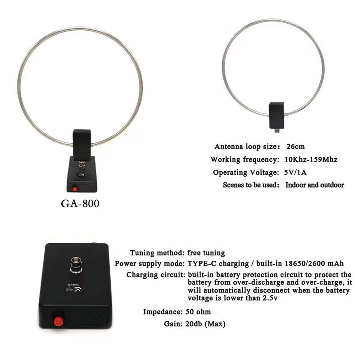 GA-800 Antenna ad anello attiva Antenna a onde corte Antenna HF da 10 KHz-159 MHz per radio