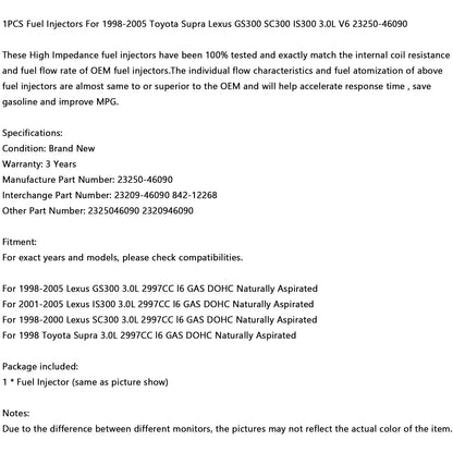 1x Iniettore di Carburante 23250-46090 Per Toyota Supra Lexus GS300 SC300 IS300 3.0L Generico