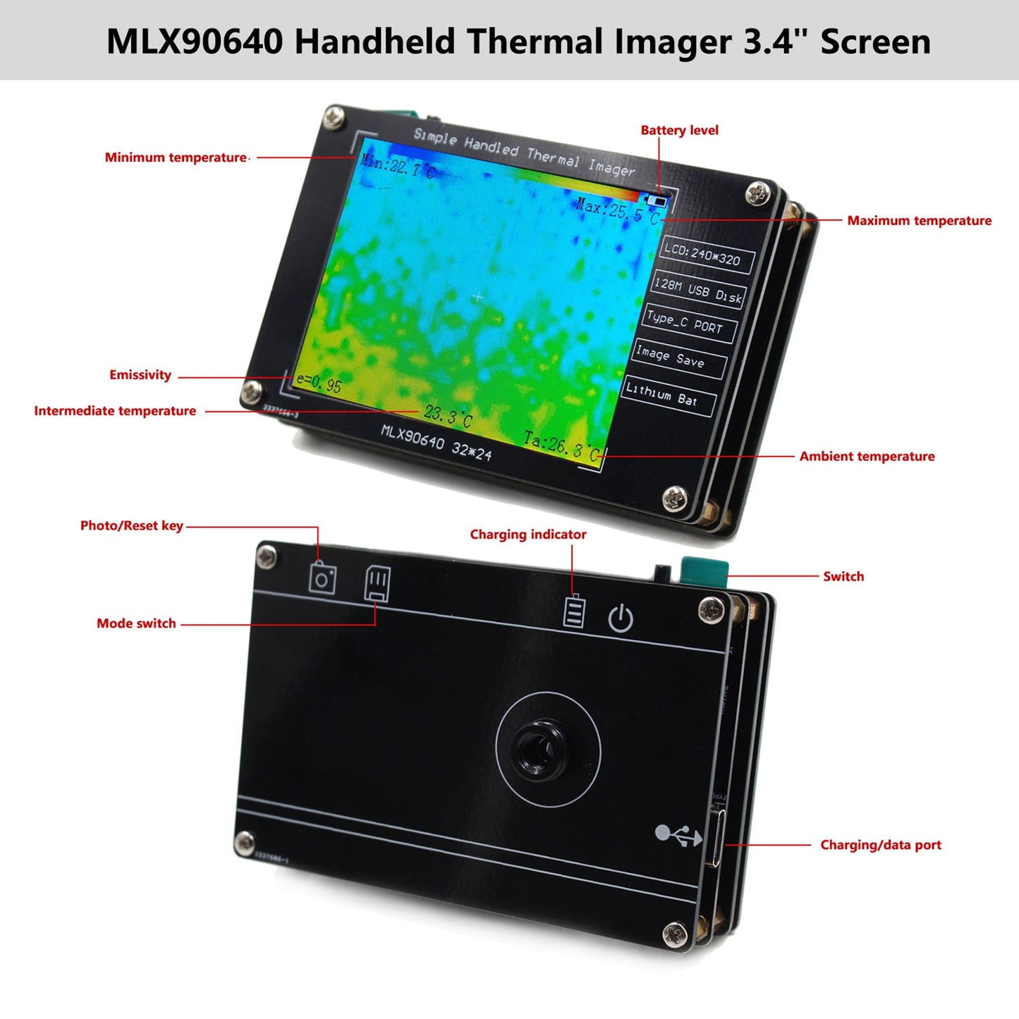 MLX90640 Termocamera da 2,8" termocamera per riparazioni elettroniche