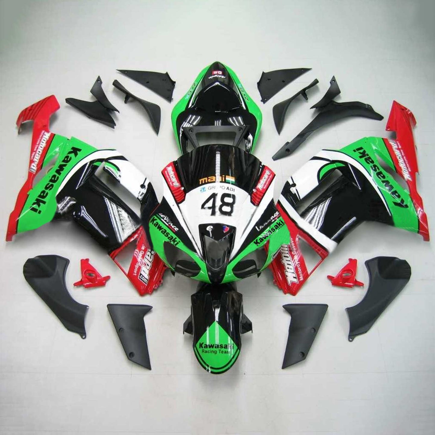 Amotopart Kawasaki 2007-2008 ZX6R 636 Kit di paura rosso verde