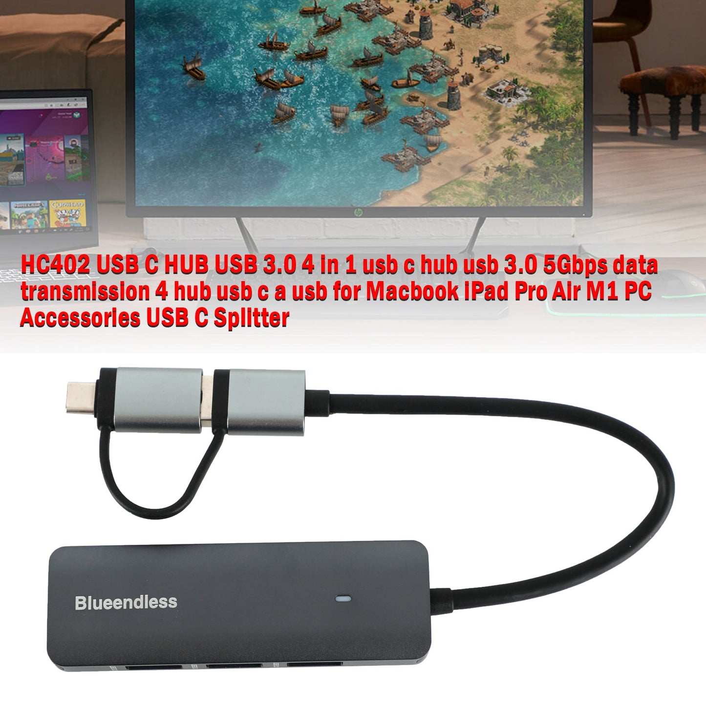 HUB USB C 4 in 1 per Macbook iPad Pro Air M1 Accessori PC Splitter USB C