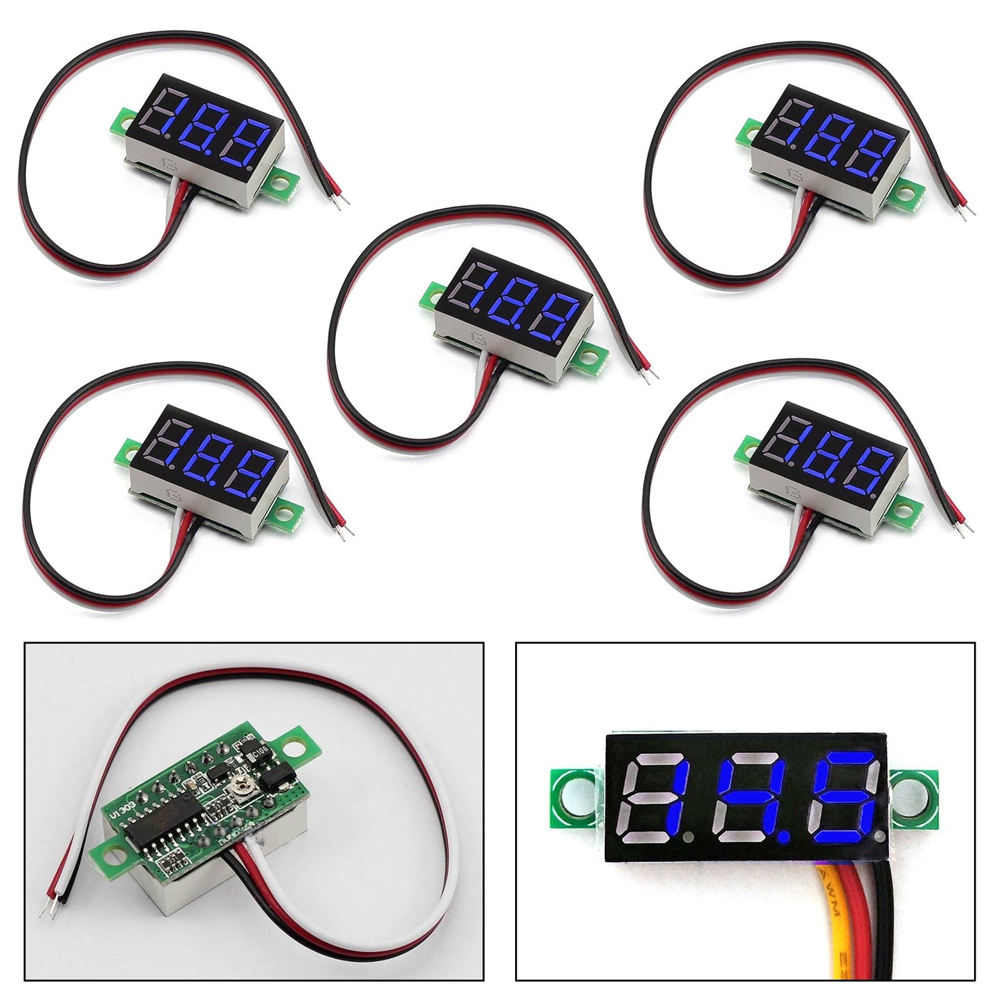 5x Mini DC 0-30V LED blu Pannello voltmetro a 3 display digitale calibrabile