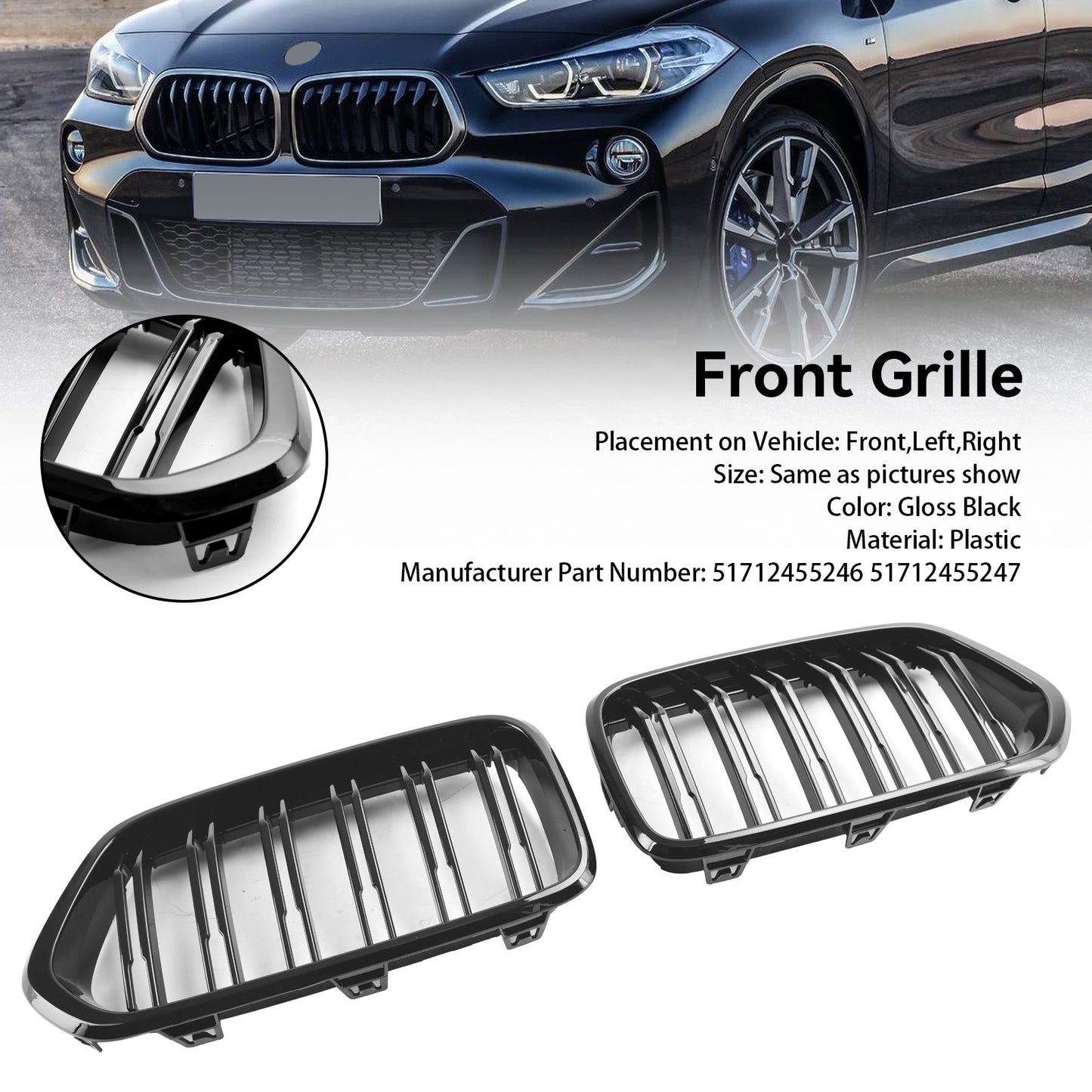 Griglia per paraurti anteriore BMW X2 Serie F39 2018-2023 nera lucida