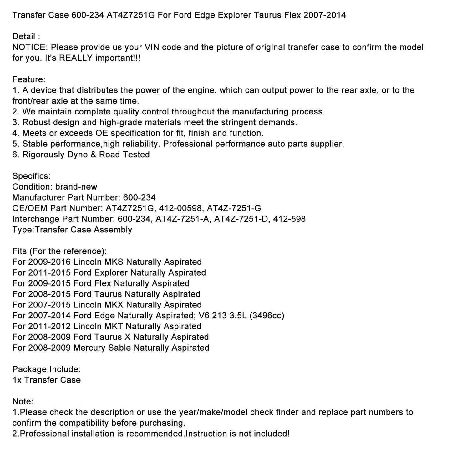 Caso di trasferimento Lincoln MKT ad aspirazione naturale 2011-2012 600-234 AT4Z7251G AT4Z7251D