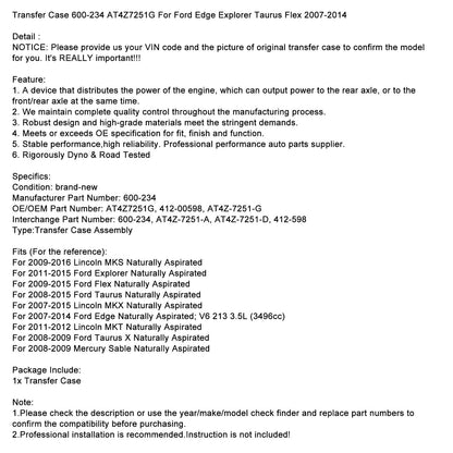 Caso di trasferimento Lincoln MKT ad aspirazione naturale 2011-2012 600-234 AT4Z7251G AT4Z7251D