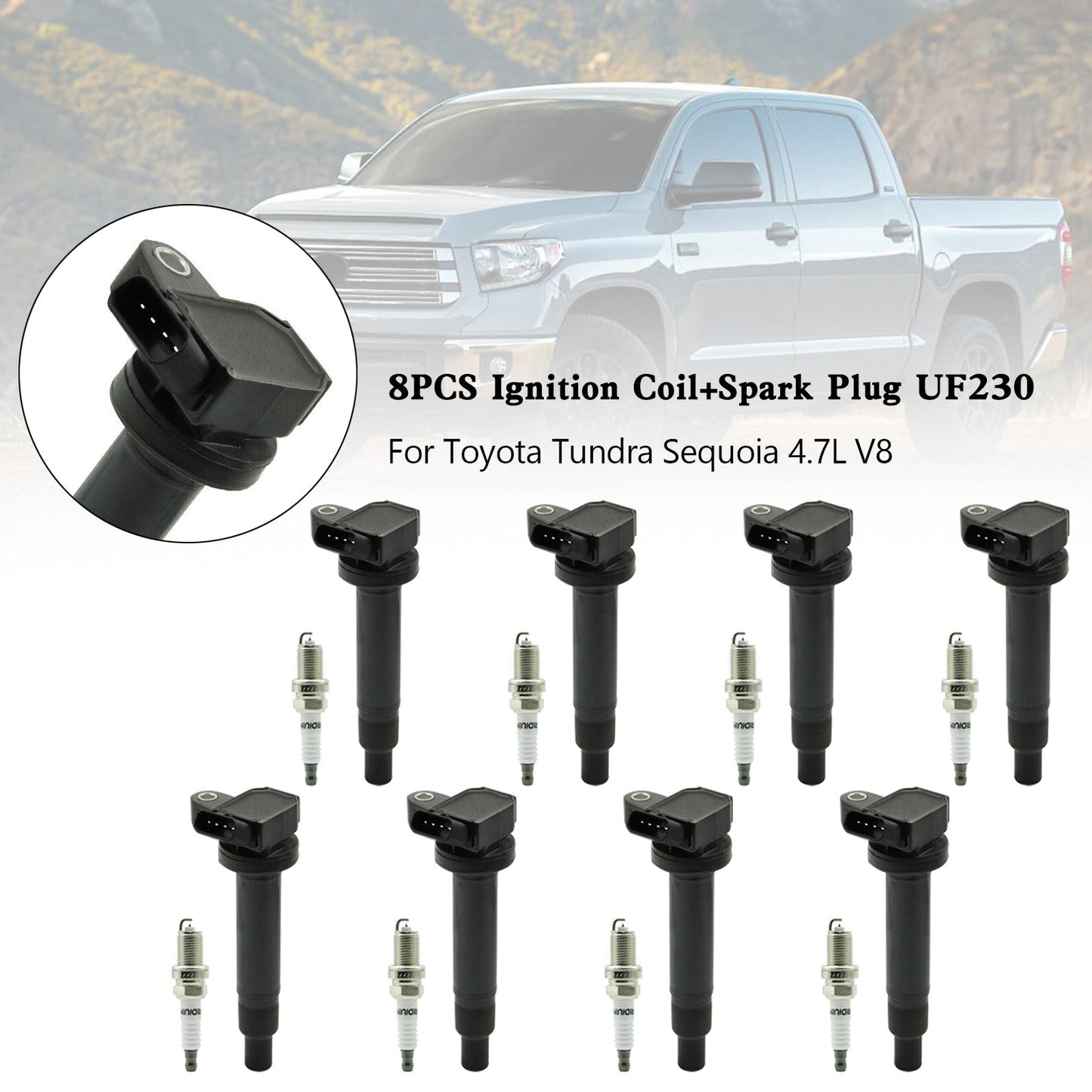 Lexus LX470 1998-2007 Toyota Land Cruiser 4.7L 8PCS Bobina di accensione + Candela UF230 90080-91180 90919-02249