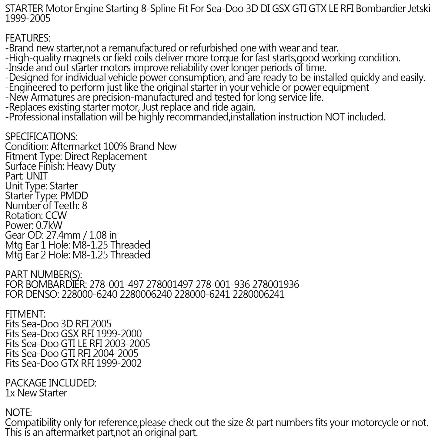 NUOVO Starter per Sea-Doo 3D DI GSX GTI GTX LE RFI Bombardier Jet-Ski 1999-2005 Generico