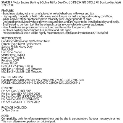 NUOVO Starter per Sea-Doo 3D DI GSX GTI GTX LE RFI Bombardier Jet-Ski 1999-2005 Generico