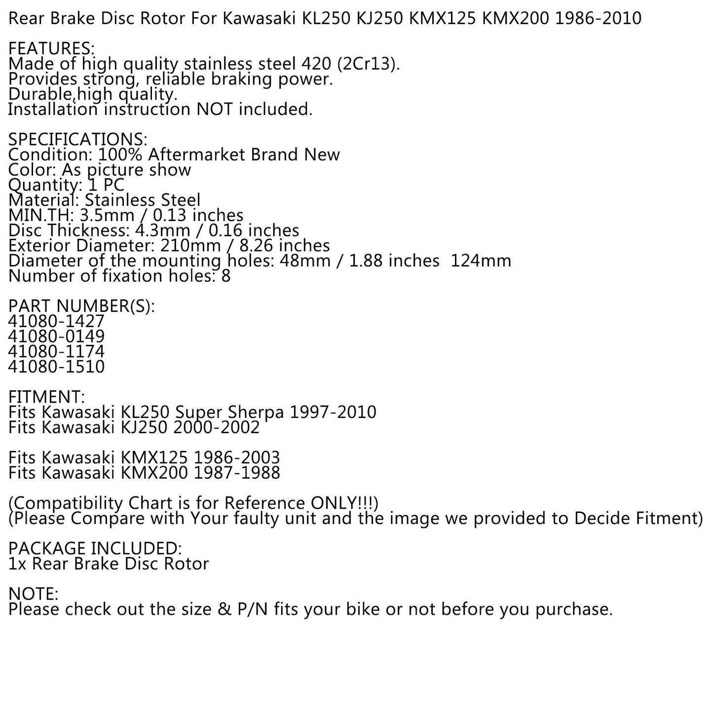 Disco freno posteriore per Kawasaki KL250 Sherpa 250 KJ250 KMX 125 200 1986-2010 Generico