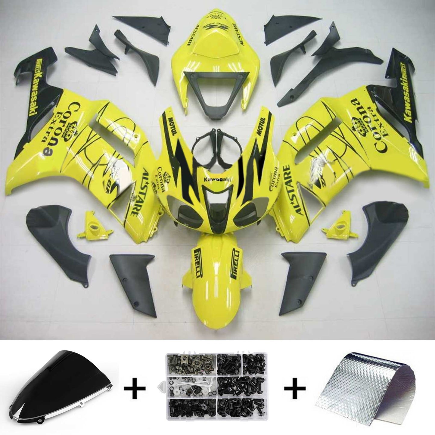 Amotopart Kawasaki 2007-2008 ZX6R 636 Yellow con kit di rivestimento in linea nera