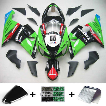 Amotopart Kawasaki 2005-2006 ZX6R 636 Black Mix Green Fearing Kit