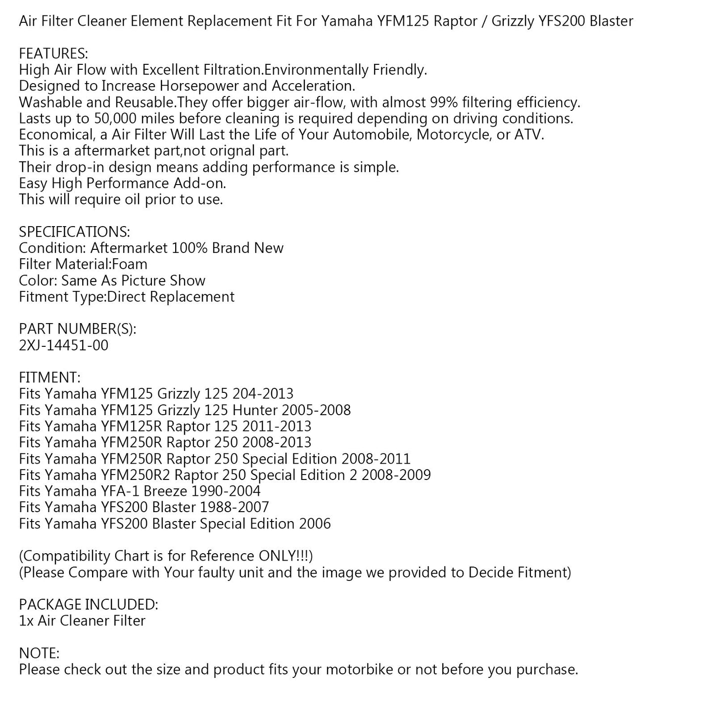 Filtro Aria per Yamaha Blaster 200 YFS200 88-06 YFM125 YFM250 Grizzly Raptor Generico