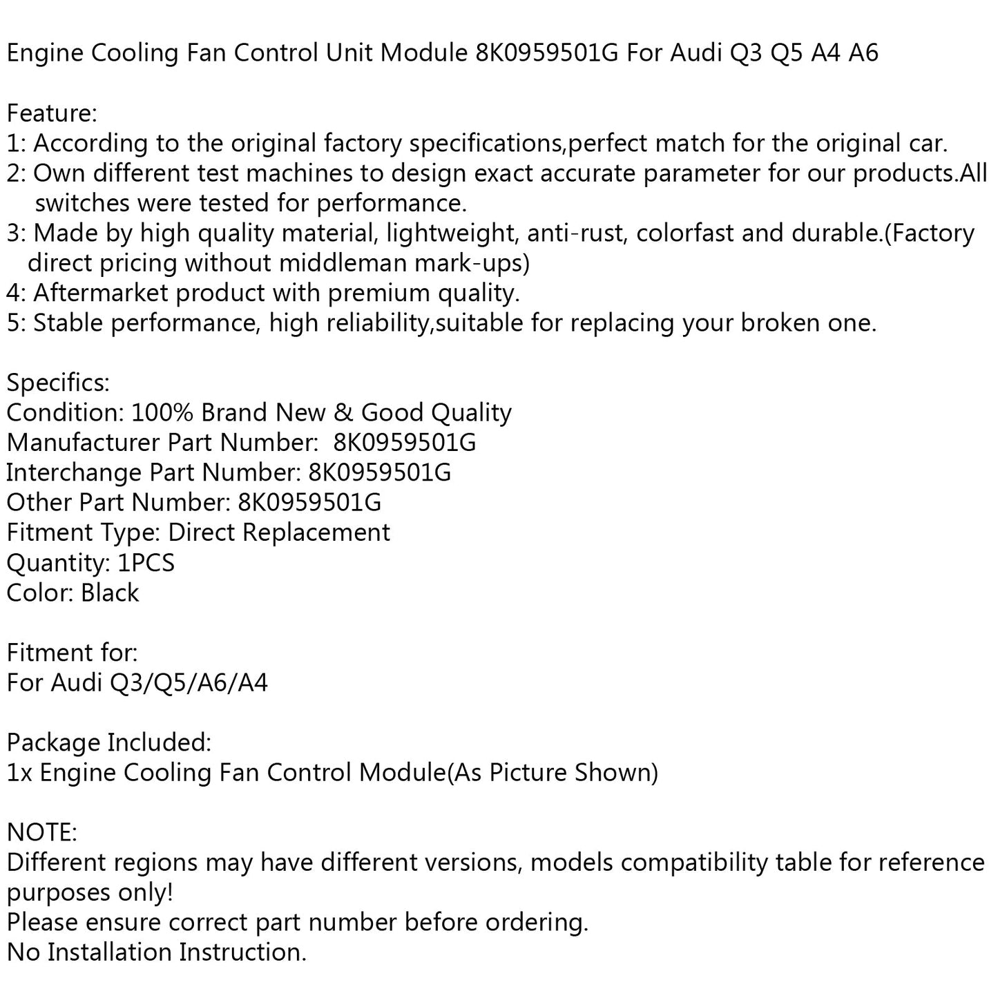Il modulo dell'unità di controllo della ventola di raffreddamento del motore 8K0959501G si adatta a Audi Q3 Q5 A4 A6 generico